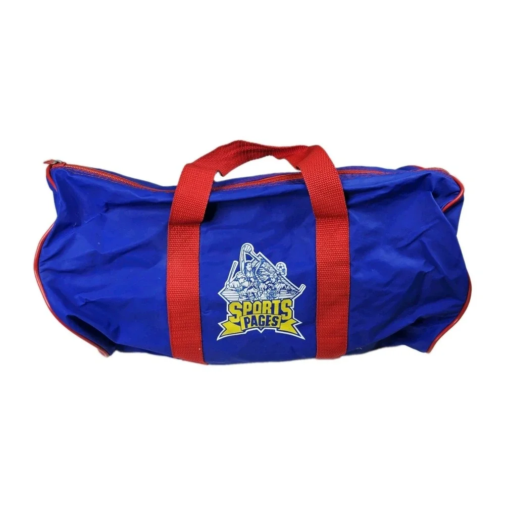 Vintage Sports Pages Duffle Bag Blue Red Nylon Gym Travel Barrel Weekender 18
